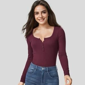 NWOT Halara Henley Neck Long Sleeve Slim Casual Top Maroon Size XL